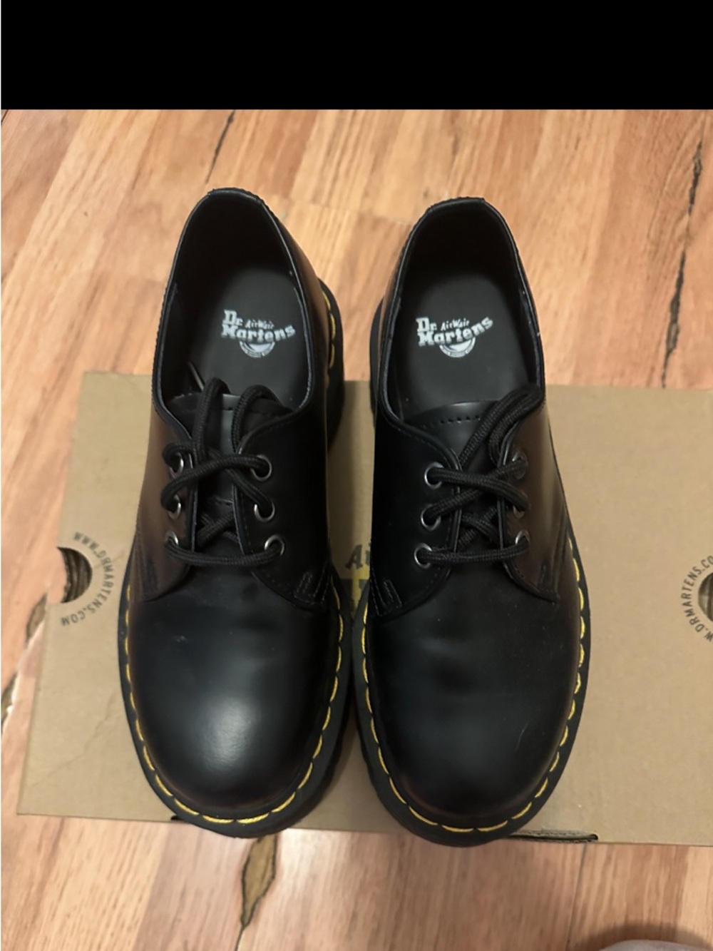 Dr. Martens Black 3-Eye Oxford with Yellow Welt Stitching
